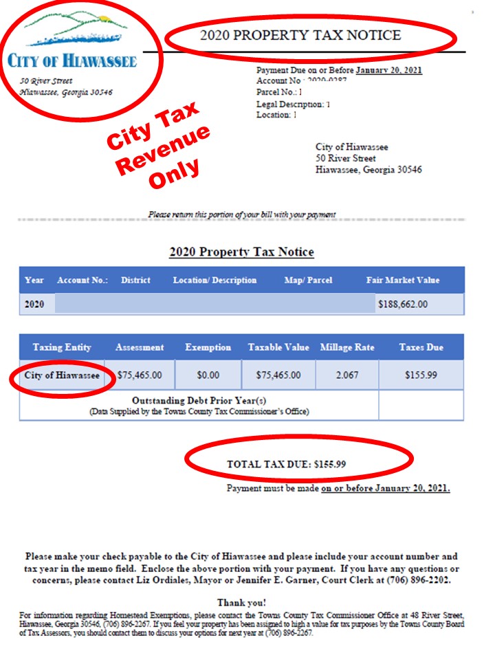 city of Hiawassee Tax bill example