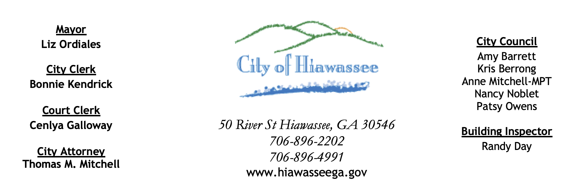 City of Hiawassee Logo, and letterhead with officials