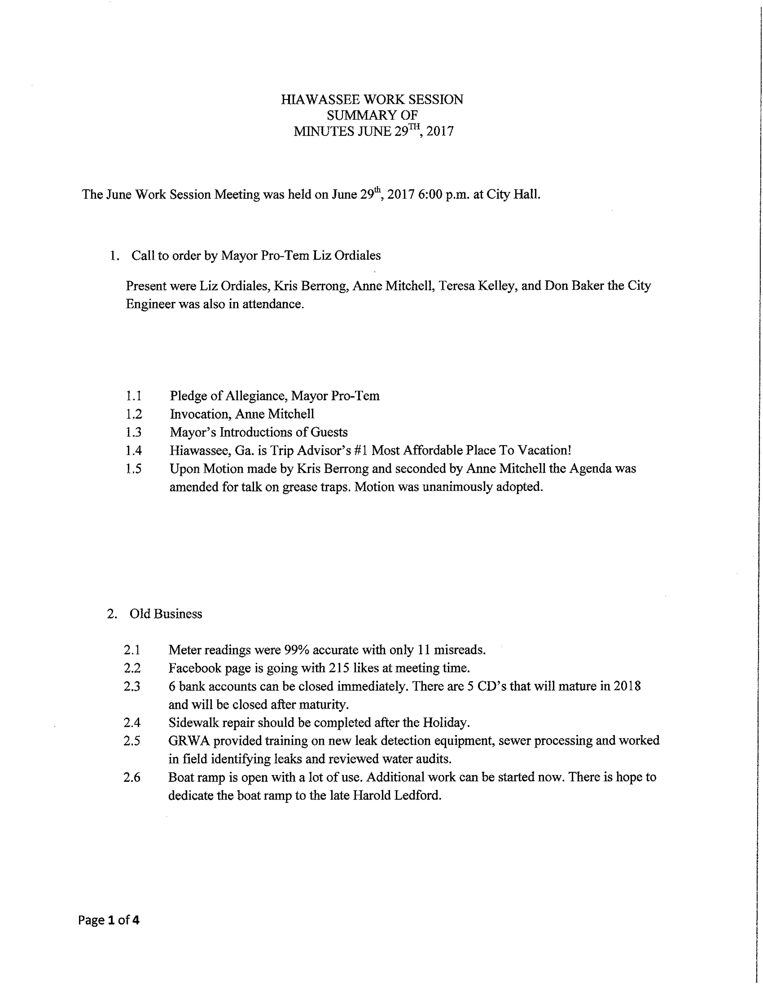 June 29 work session agenda and minutes