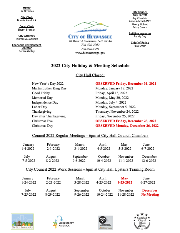 2022 Holiday And Mtg Schedule